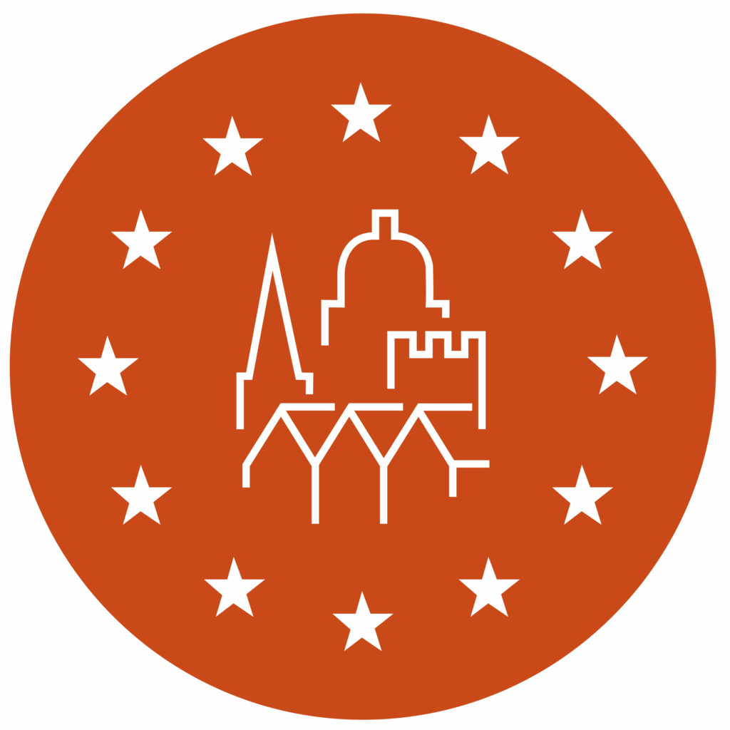 Illustration med vita konturer av olika byggnader på orange botten, runtom 12 vita stjärnor.