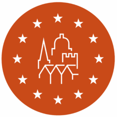 Illustration med vita konturer av olika byggnader på orange botten, runtom 12 vita stjärnor.