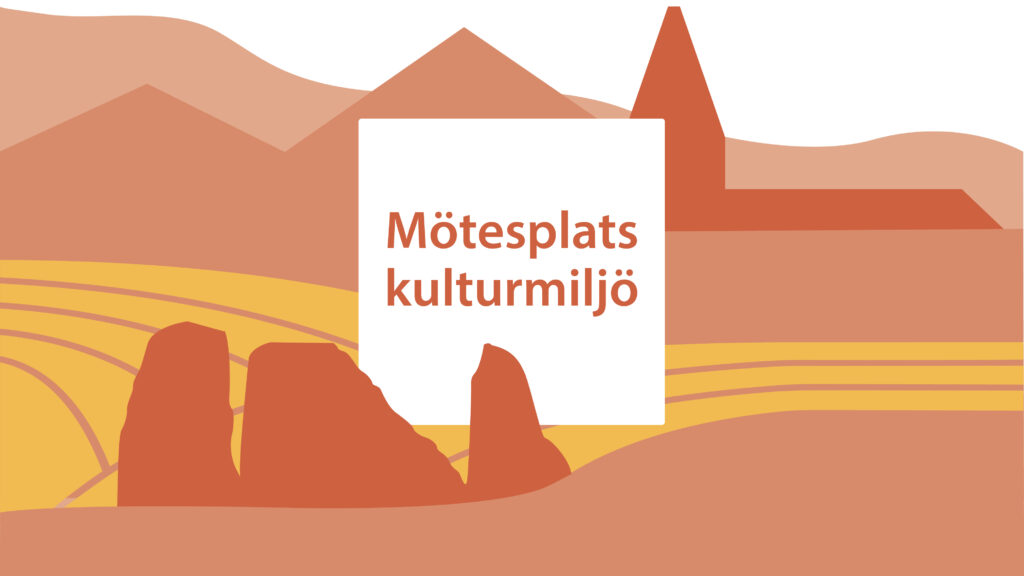 Ett stiliserat landskap med byggnader, åkrar och fält i Riksantikvarieämbetets profilfärger.