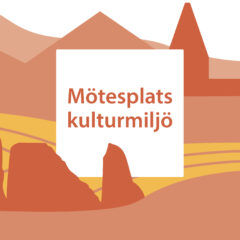 Ett stiliserat landskap med byggnader, åkrar och fält i Riksantikvarieämbetets profilfärger.