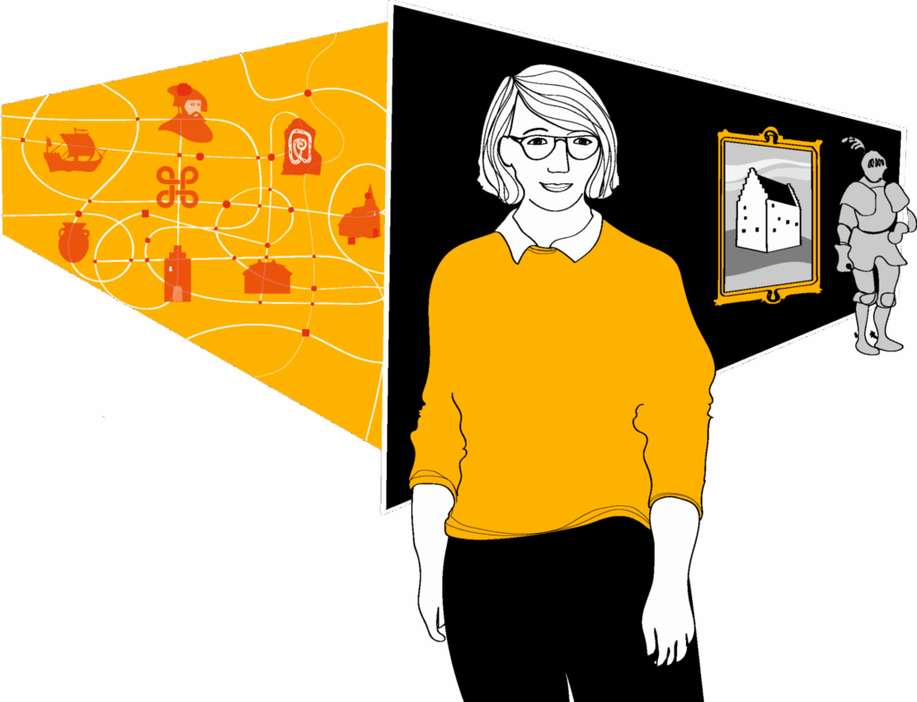 Illustration i gult och svart av en leeende kvinna med glasögon på ett museum