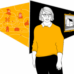 Illustration i gult och svart av en leeende kvinna med glasögon på ett museum