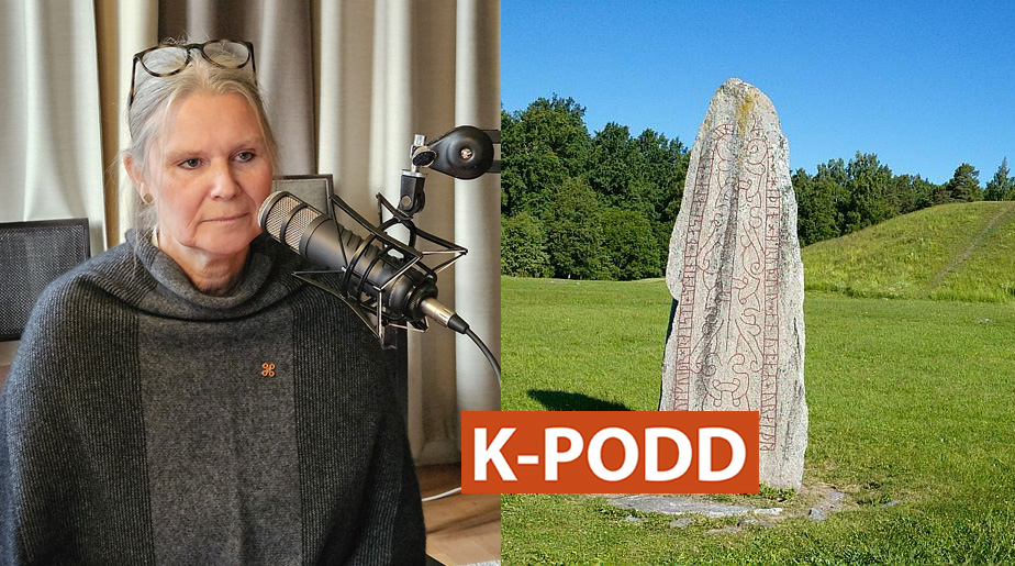 En delad bild med en kvinna till vänster och en runsten till höger. Nederst i bild, mot orange bakgrund, texten K-podd.