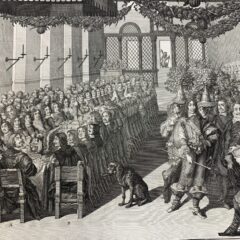 Ett svartvitt kopparstick med personer som sitter runt ett bord samt en hund och andra personer som står upp klädda i 1600-talskläder.