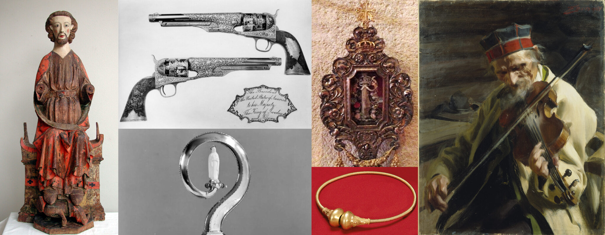 Sex olika bilder på föremål, en biskopskräkla, en madonnafigur, en tavla, två revolvrar, en tavla och en guldring.