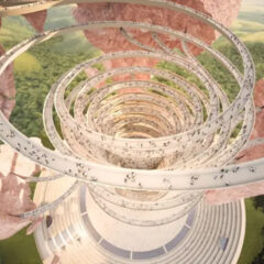 En illustration i form av en spiralformad gång som svävar över ett landskap med gröna kullar, på gången vandrar en massa människor.