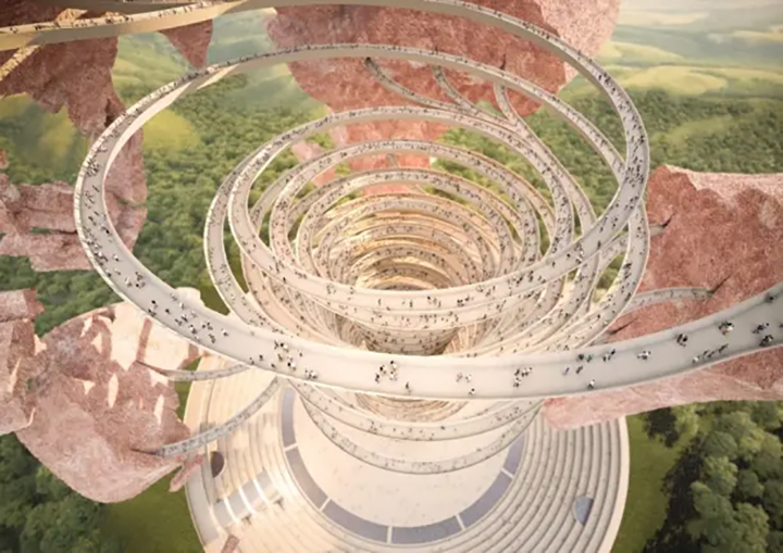 En illustration i form av en spiralformad gång som svävar över ett landskap med gröna kullar, på gången vandrar en massa människor.