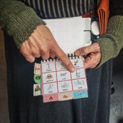 Hand pekar på ett block med olika kommunikativa symboler.