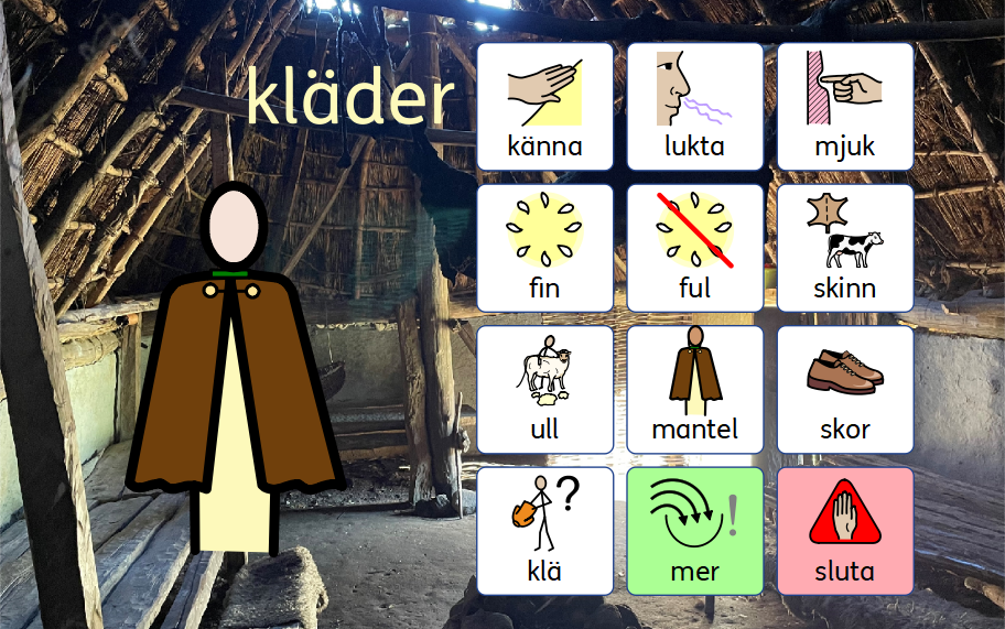 Tio olika symboler för hur t ex kläder kan vara beskaffade, kännas eller se ut; mjuk, hård, fin, ful osv, plus en symbol om man vill veta mer och en för att sluta.