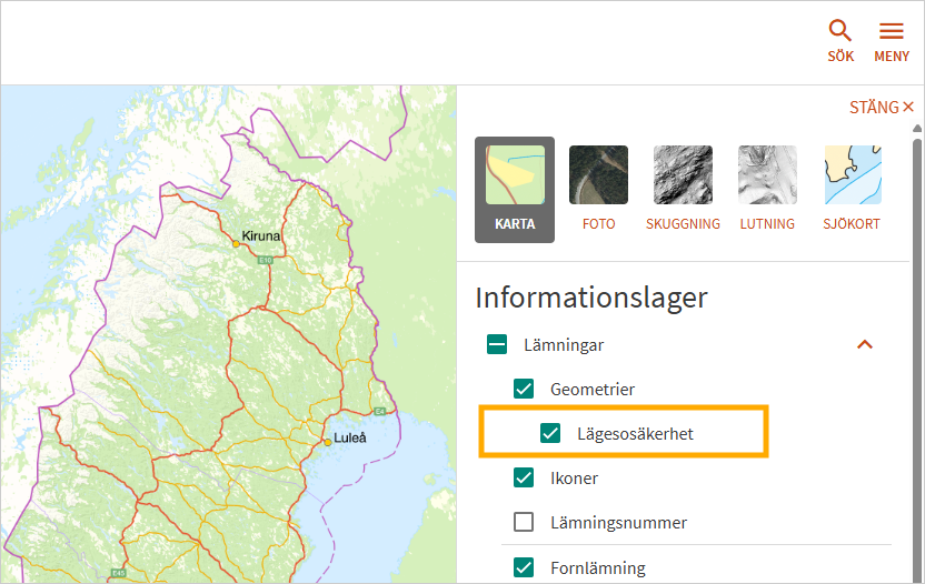 En karta med lagerväljaren till höger, där lagret Lägesosäkerhet är inringat med en gul ram.