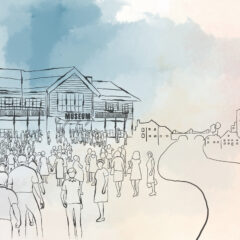 Tecknad illustration av ett museum dit en stor mängd människor är på väg dit. I bakgrunden skymtar en stad, med byggnader, en bro och några lyftkranar