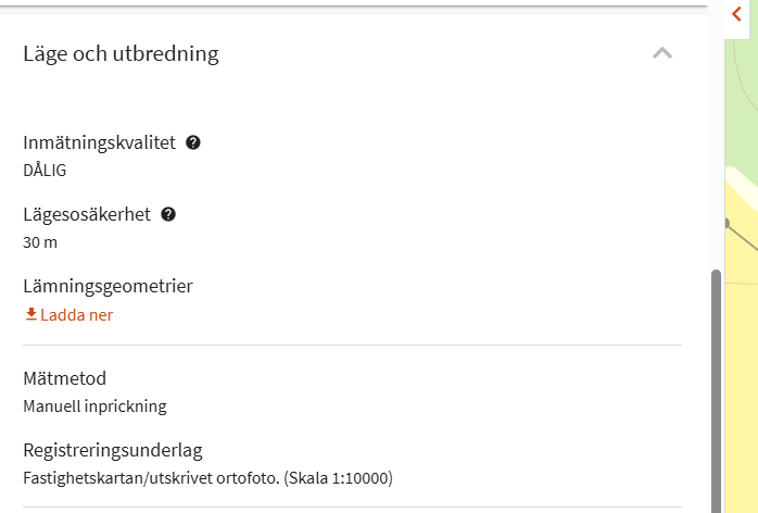 Bilden visar hur kvaliteten på geometrins läge och utbredning visas på lämningskortet.