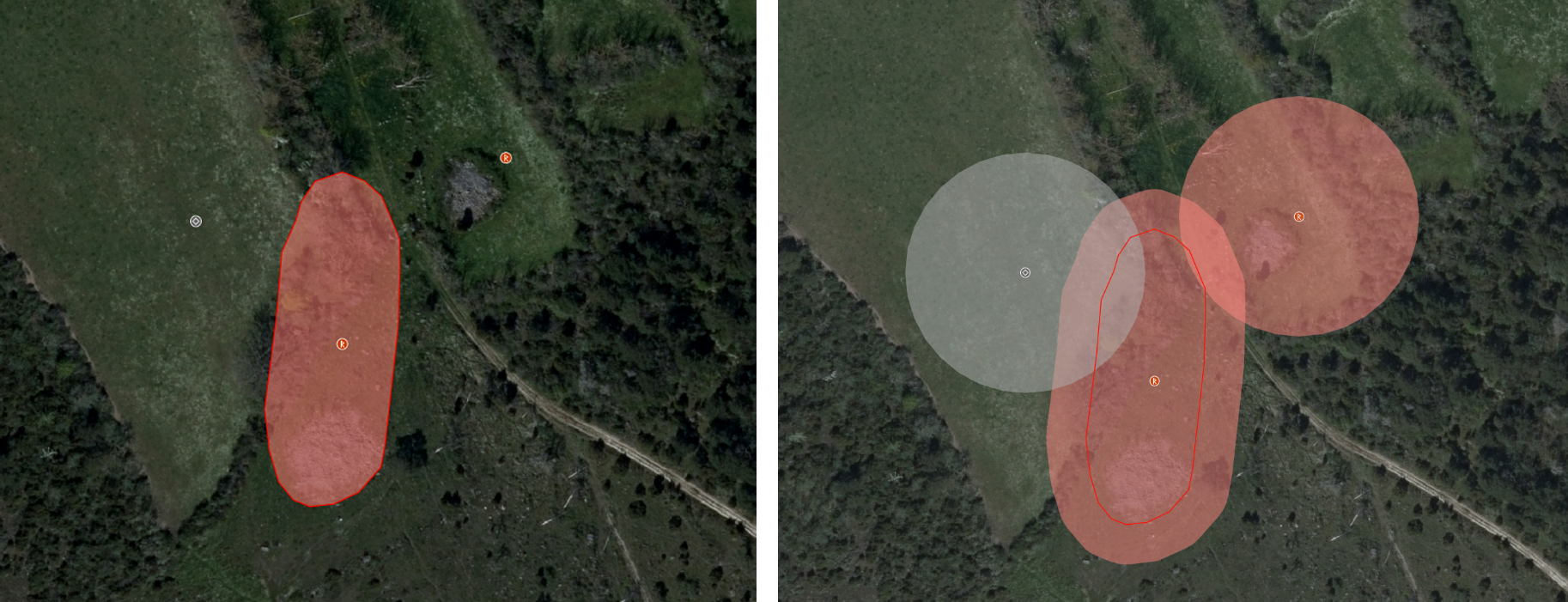 Två likadana bilder. Flygfoton rakt uppifrån. Till vänster tre utmärkta pricckar och en oval kring den mittersta punkten. Till höger samma tre punkter, men även två cirklar kring de punkter som saknar utmärkning på första bilden.