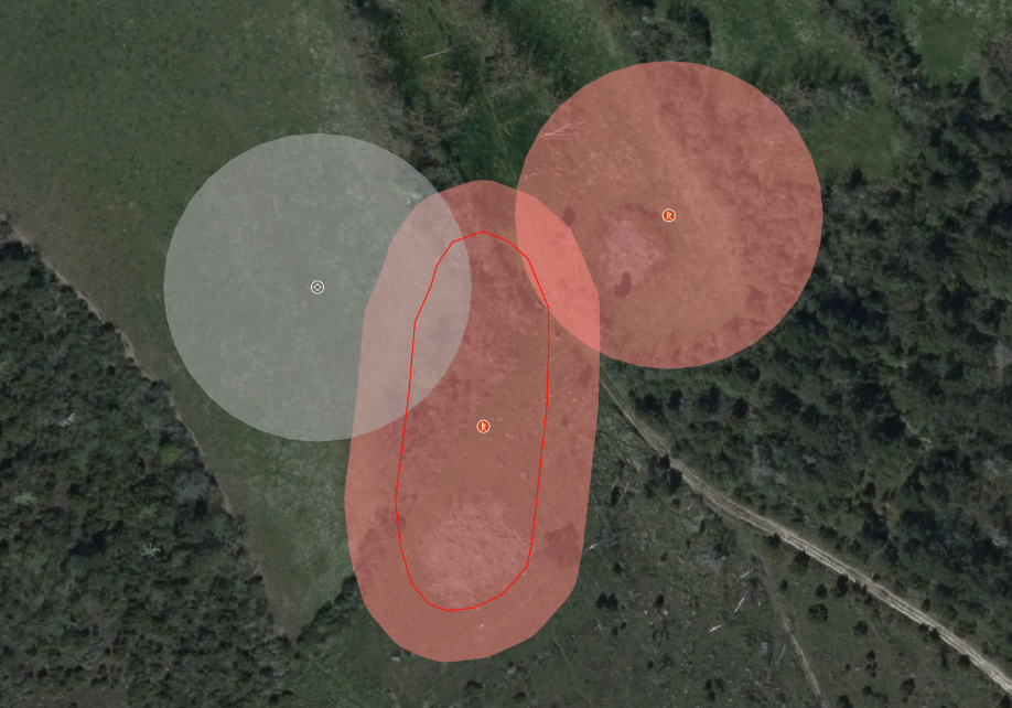 Bilden visar lägesosäkerheten som en extra radie runt geometrierna.