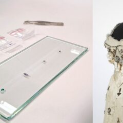 Till vänster: en glasplatta med tre paljetter i grönt, lila och svart, samt fyra små plastpåsar med handskriven text och en pincett bakom. Till höger: en skyltdocka klädd i en dekorativ krämfärgad klänning med mörka blommiga utsmyckningar.