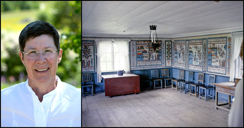 Kollage av två bilder. Till vänster en kvinna med glasögon och kort, mörkt hår. Till höger en interiör från en bergmangård.