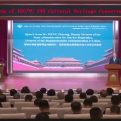 En sal med flera åhörares nackar. Längst fram en scen med en blå skärm och kinesisk och engelsk text.