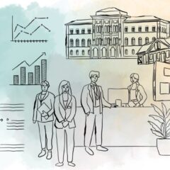 Illustration med affärspersoner, diagram och stapeldiagram, samt klassiska byggnader och moderna kontorshus i bakgrunden.