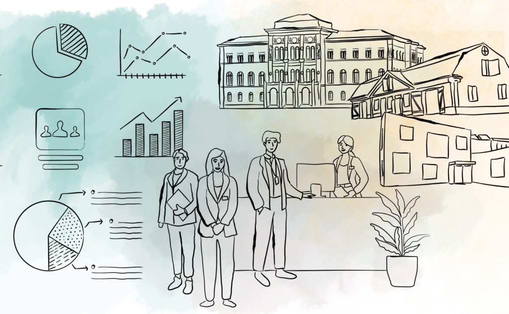 Illustration med affärspersoner, diagram och stapeldiagram, samt klassiska byggnader och moderna kontorshus i bakgrunden.