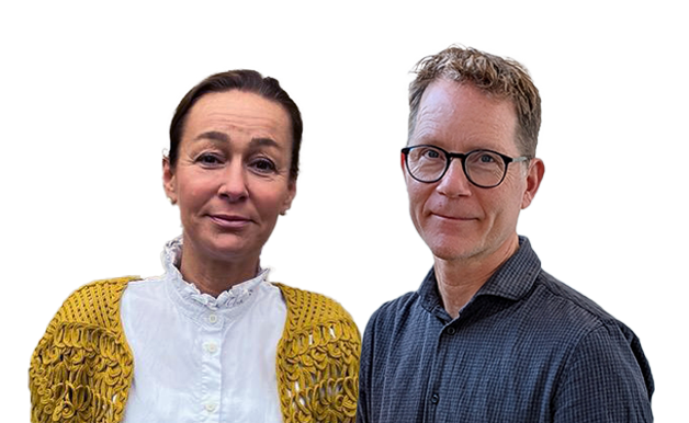 Kollage med mörkhårig kvinna med uppsatt hår och man med kort hår och glasögon.