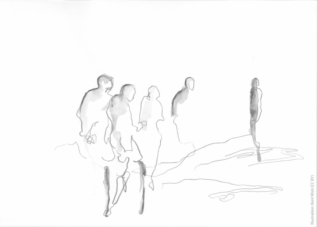 Skiss med ett antal människor som står vända mot en förmodad ledare.