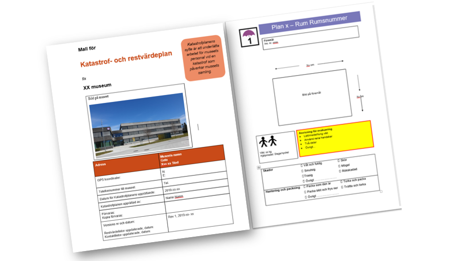 Skärmdump på två sidor från en katastrofplan.