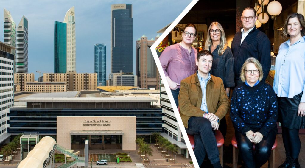 Tvådelat kollage: Till vänster Dubai World Trade Centre, till höger gruppfoto föreställande fyra kvinnor och två män.