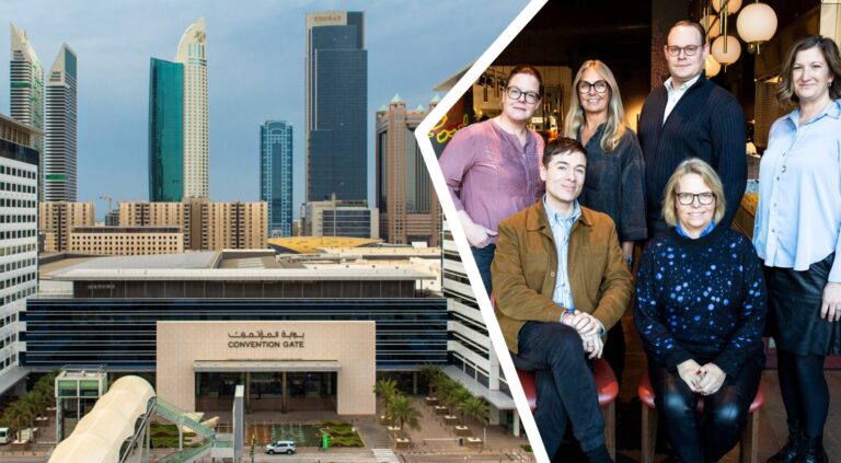 Tvådelat kollage: Till vänster Dubai World Trade Centre, till höger gruppfoto föreställande fyra kvinnor och två män.