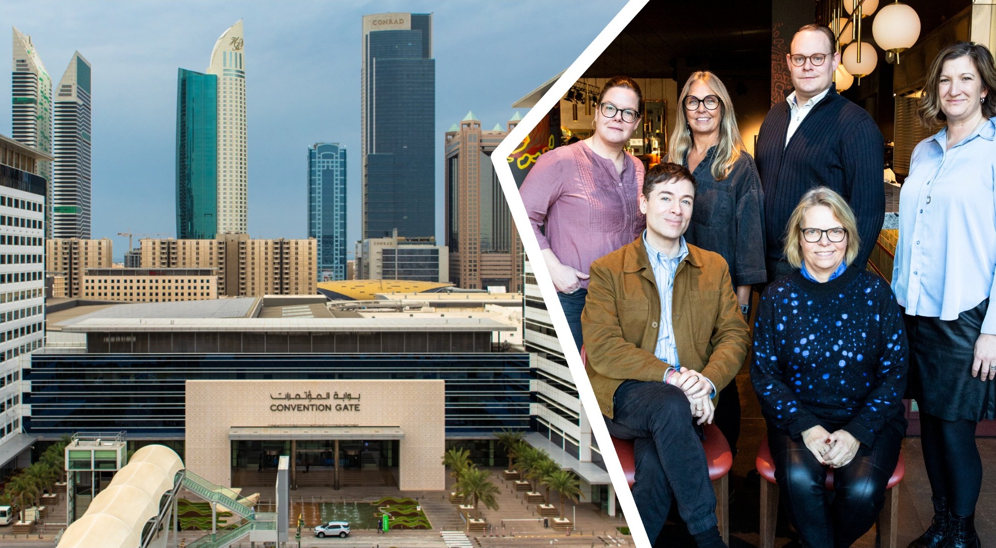 Tvådelat kollage: Till vänster Dubai World Trade Centre, till höger gruppfoto föreställande fyra kvinnor och två män.