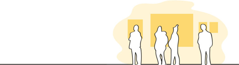 Illustration föreställande konturer av människor som ser på tavlor på en vägg.