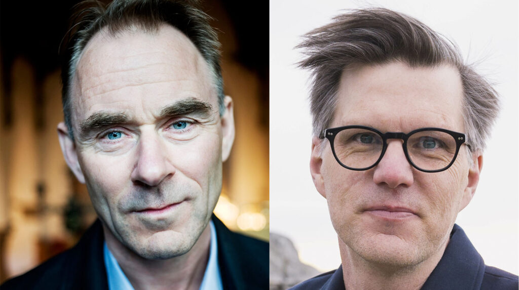 Kollage. Två medelålders mörkhåriga män, varav en med mörka glasögon.