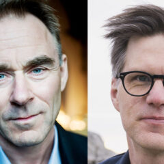 Kollage. Två medelålders mörkhåriga män, varav en med mörka glasögon.