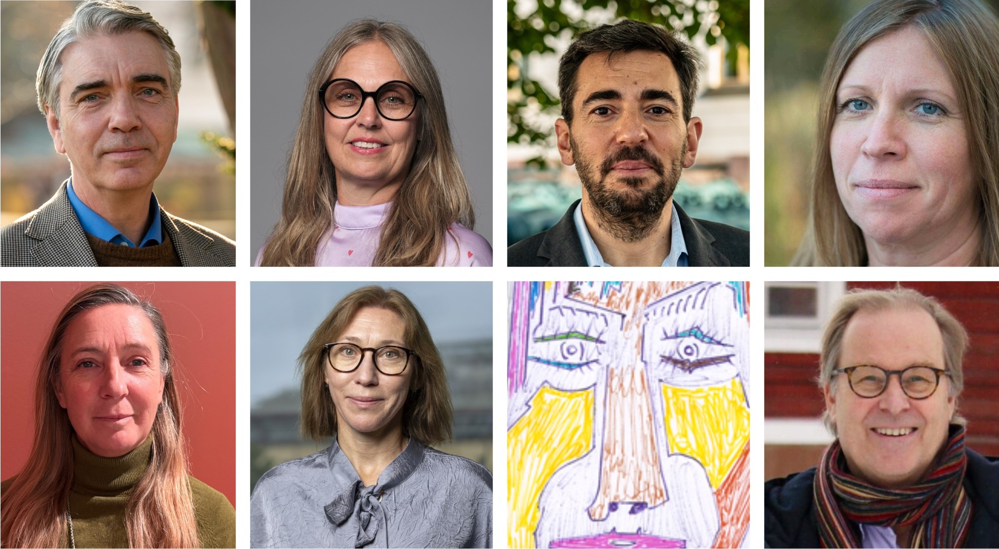 Ett kollage med 7 porträttfoton och 1 tecknat porträtt av tre män och fem kvinnor.