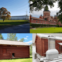 Fyra svenska kulturfastigheter: en vit avlång byggnad med klassisk fasad och höstträd, en röd hög byggnad med torn, en liten röd timrad stuga på grön mark och en snötäckt timrad byggnad bredvid ett stenmonument.