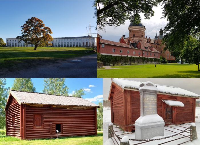 Fyra svenska kulturfastigheter: en vit avlång byggnad med klassisk fasad och höstträd, en röd hög byggnad med torn, en liten röd timrad stuga på grön mark och en snötäckt timrad byggnad bredvid ett stenmonument.