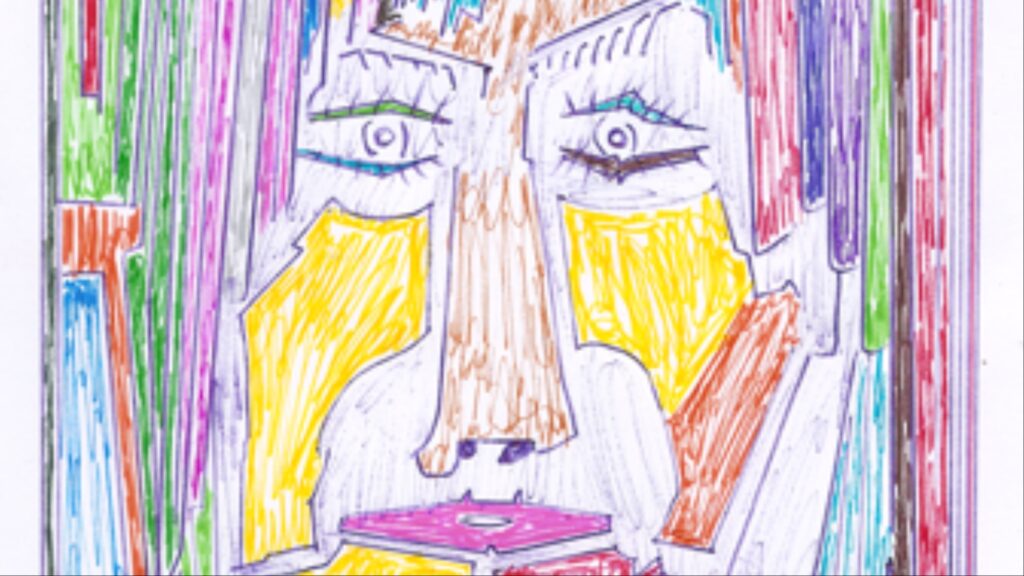 En teckning i färg föreställande ett kvinnoansikte.