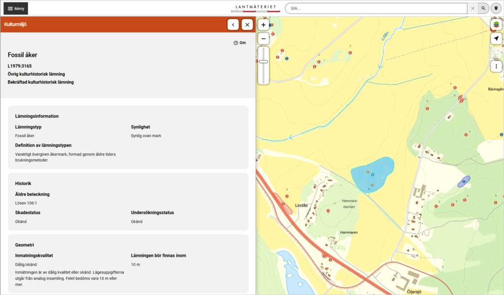 Skärmdump med textinformation om lämning till vänster och till höger kartan med markeringar.
