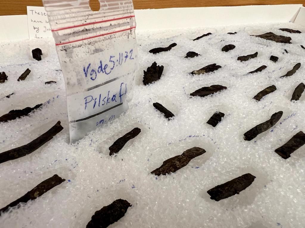 En låda med bubbelplast där det ligger rader av träfragment.