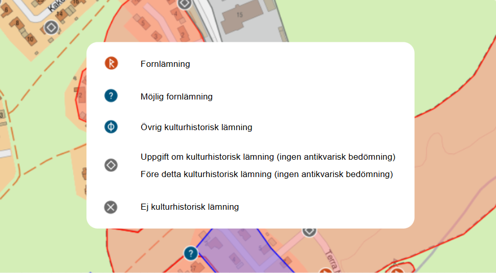 Teckenförklaring, kulturhistoriska lämningar i Min karta.