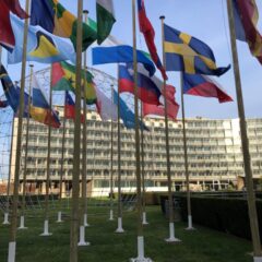 Framför en vit halvmåneformad byggnad med många våningar står ståtliga flaggstänger med all världens flaggor.