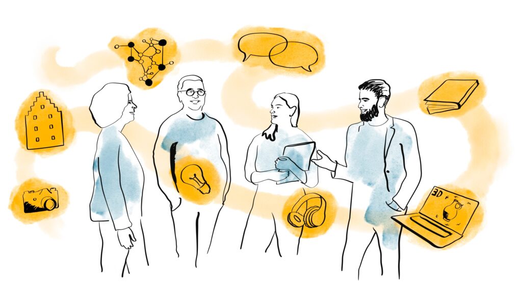 Illustration med fyra personer som samtalar. Rund dem syns illustrationer på olika föremål och digital teknik.