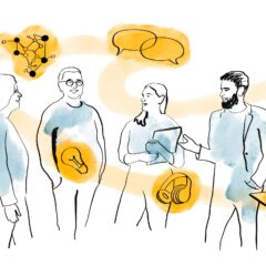 Illustration med fyra personer som samtalar. Rund dem syns illustrationer på olika föremål och digital teknik.