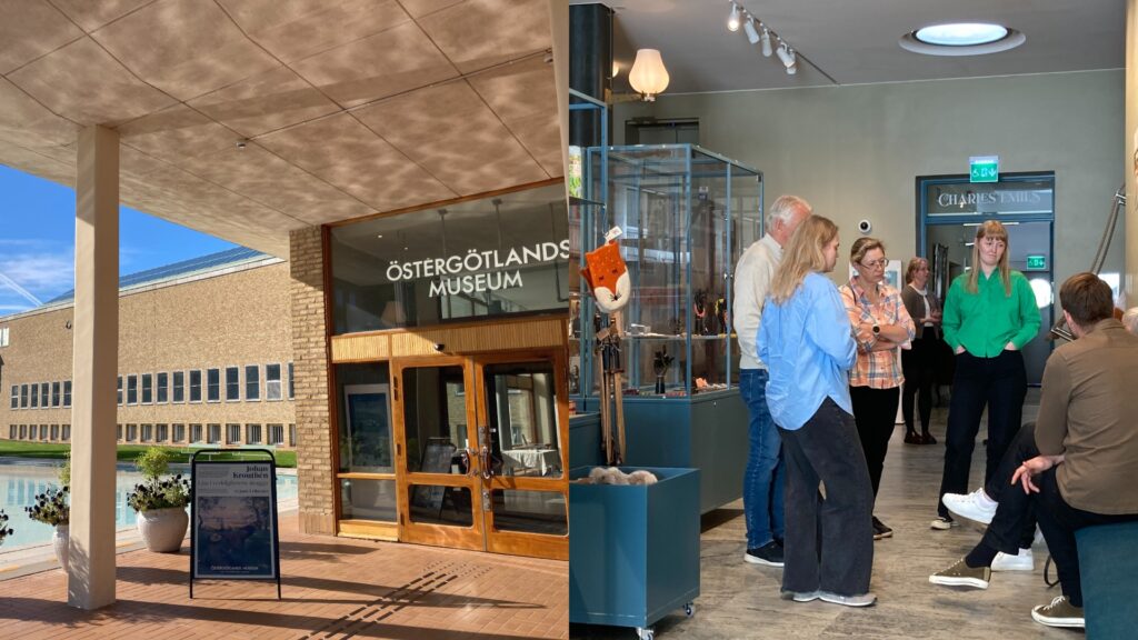 Ett kollage av två foton som föreställer exteriören av en museibyggnad samt en grupp människor i en utställningsmiljö.