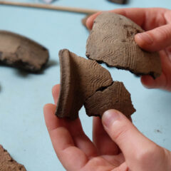 Arkeolog håller fynddelar i händerna.