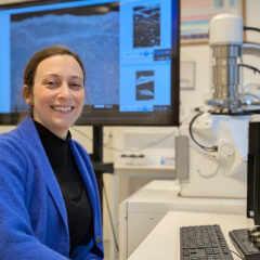 En person i blå kofta sitter vid ett skrivbord i ett labb bredvid ett elektronmikroskop, med en stor skärm bakom sig som visar en närbild av ett materialprov.