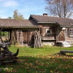 Ett äldre grånat timmerhus med tegeltak står i höstljus, omgivet av gräs, löv och gamla träredskap i förgrunden.