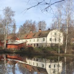 Gårdsbyggnader i rött och vitt speglas i en stilla vattendrag, omgivna av kala björkar i blekt vårljus.