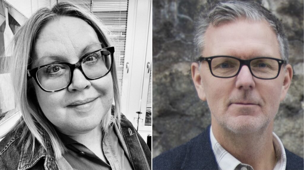 Tvådelat foto: till vänster svartvit bild på kvinna med glasögon; till höger färgfoto föreställande man med glasögon.