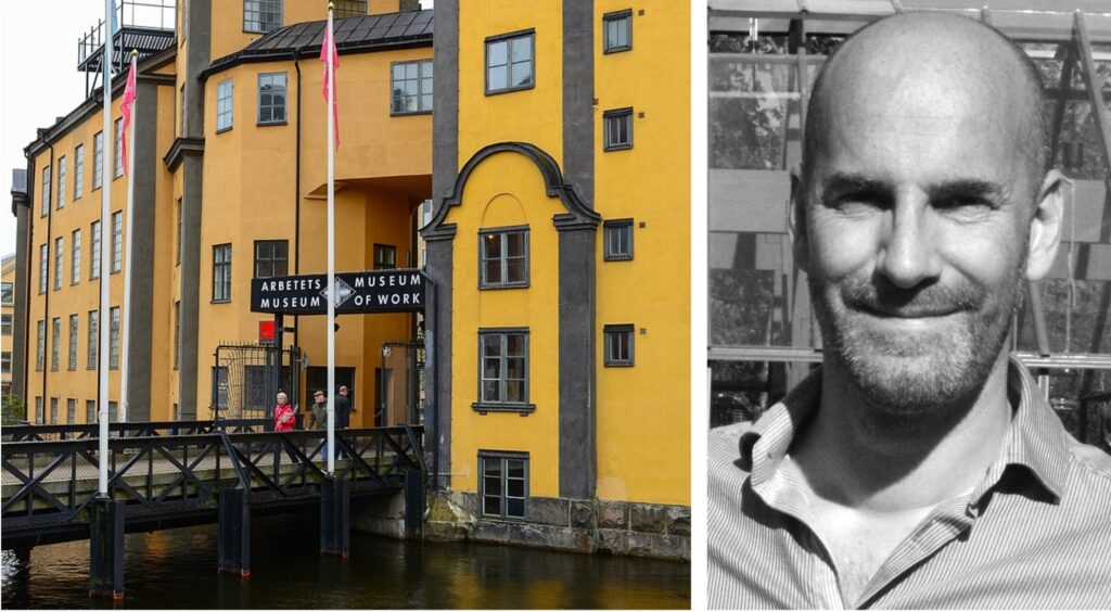 Tvådelat foto: till vänster ett färgfoto på entrén till Arbetets museum i Norrköping; till höger svartvitt porträttfoto på en man.