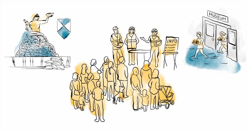 Tecknade illustrationer med skuggor av gult och blått. En grupp människor samlas vid ett informationstält med uniformerad personal, medan en person bär föremål in i ett museum och en staty står med sandsäckar intill.